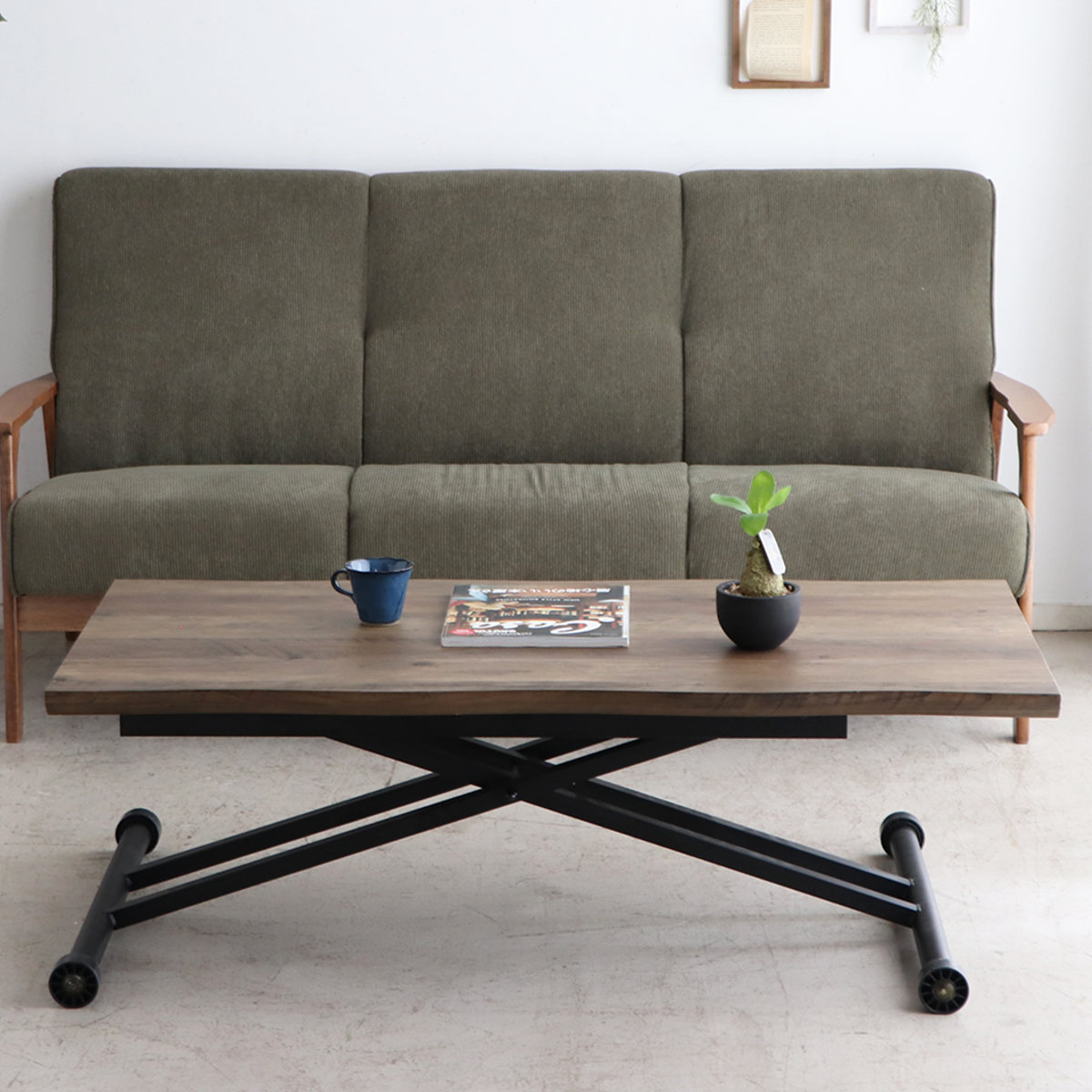 リビングテーブル 幅120cm 昇降式 天然木風天板 リフティングテーブル コルマ ( 昇降式テーブル 120 ローテーブル 一人用 木目調 センターテーブル デスク リビング テーブル 机 高さ調節 作業台 コーヒーテーブル 昇降テーブル ) 【ブラウン】 ブラウン