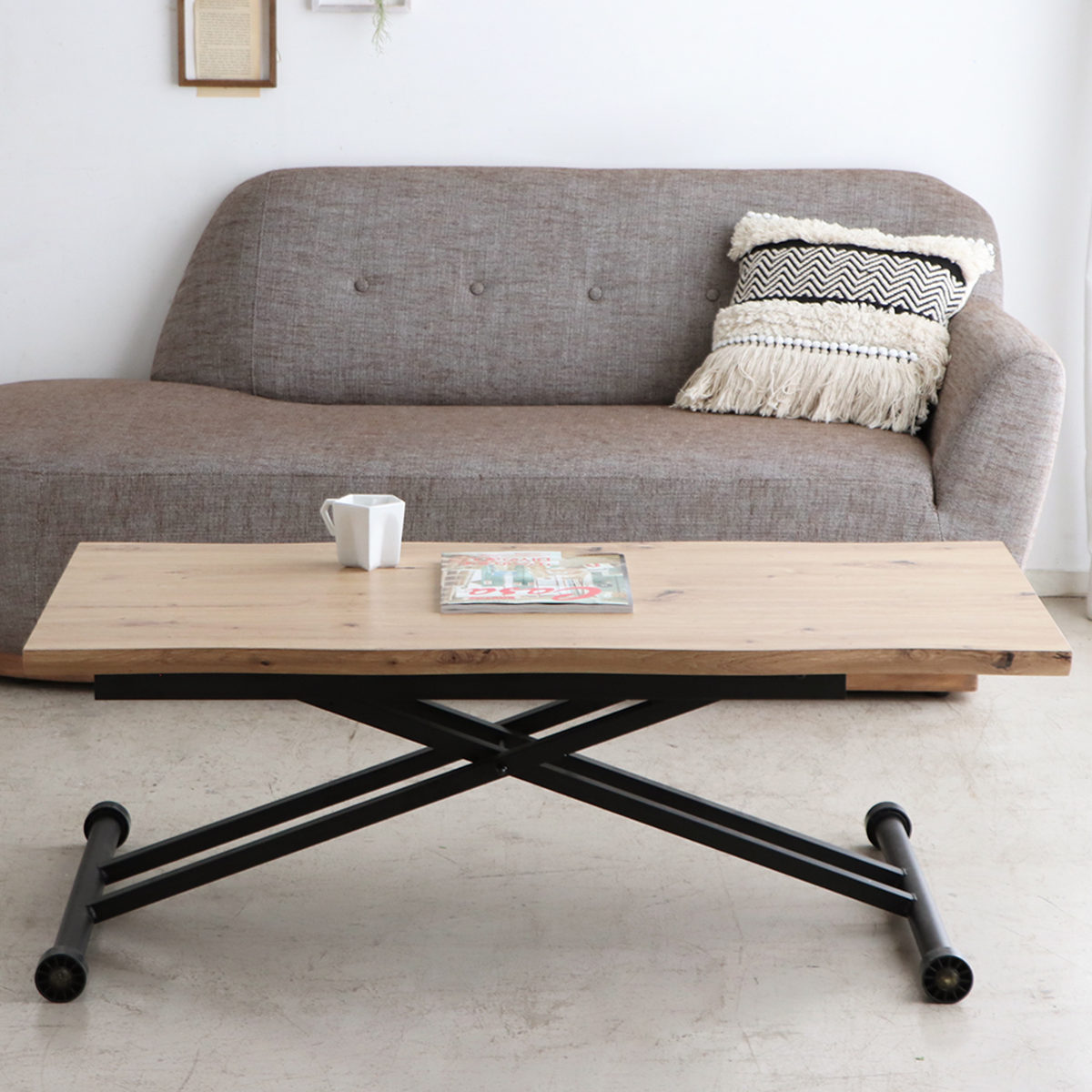 リビングテーブル 幅120cm 昇降式 天然木風天板 リフティングテーブル コルマ ( 昇降式テーブル 120 ローテーブル 一人用 木目調 センターテーブル デスク リビング テーブル 机 高さ調節 作業台 コーヒーテーブル 昇降テーブル ) 【ブラウン】 ブラウン