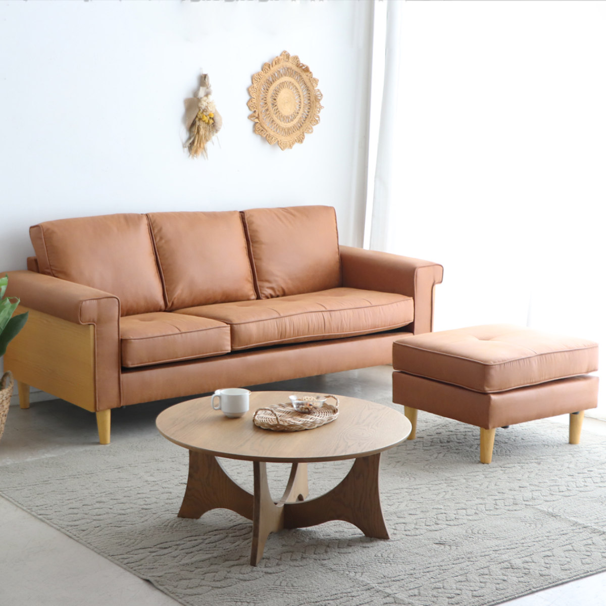 カウチソファ 幅195cm 3人掛け グラン ( ソファ リビングソファ 脚付き アームソファ コーナーソファ オットマン レイアウト自由 レザー調 ローソファ ソファー 木製脚 天然木 ファブリック 肘掛け ) 【キャメル】 キャメル