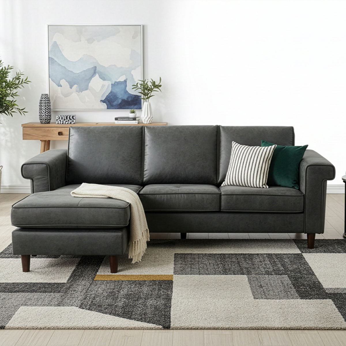 カウチソファ 幅195cm 3人掛け グラン ( ソファ リビングソファ 脚付き アームソファ コーナーソファ オットマン レイアウト自由 レザー調 ローソファ ソファー 木製脚 天然木 ファブリック 肘掛け ) 【キャメル】 キャメル