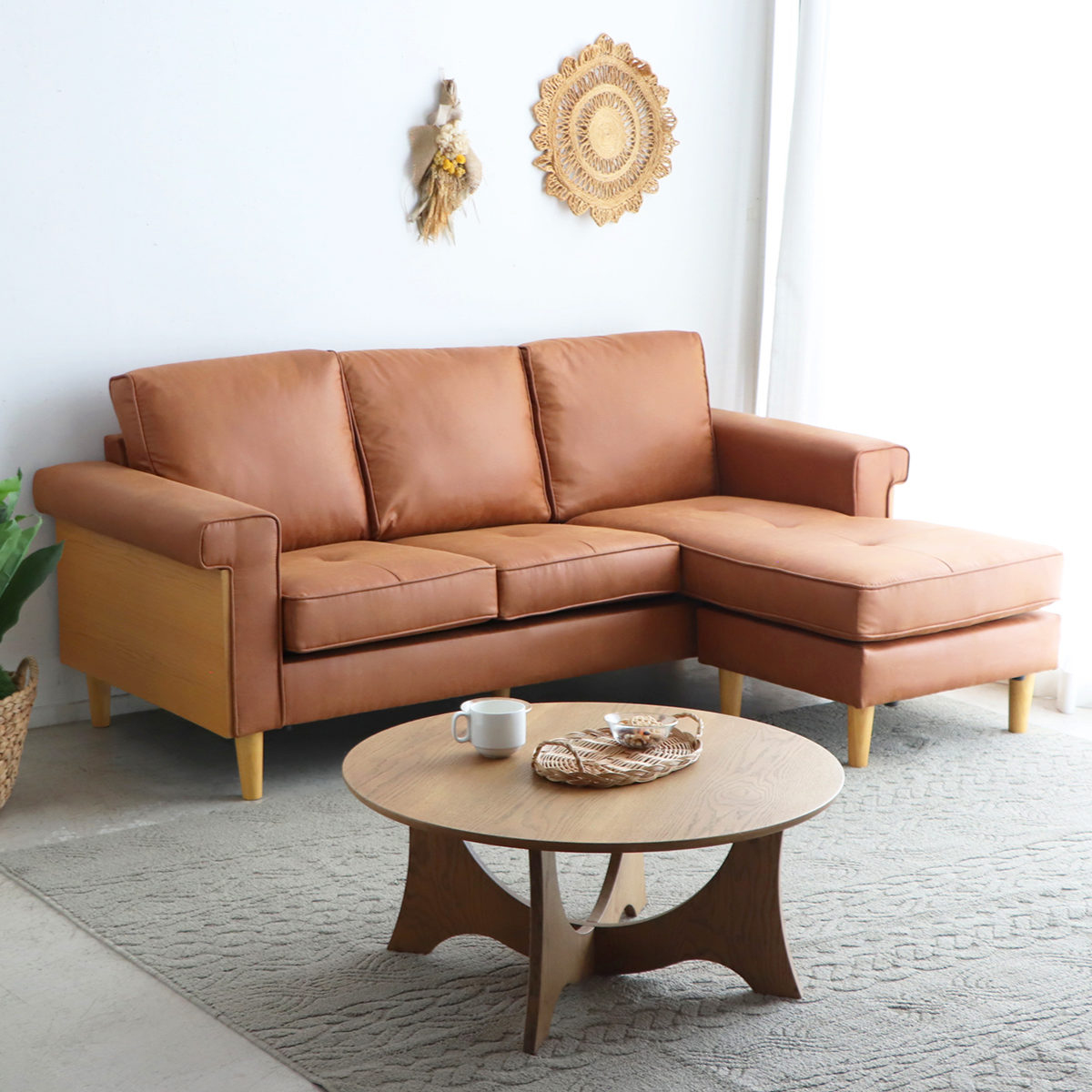 カウチソファ 幅195cm 3人掛け グラン ( ソファ リビングソファ 脚付き アームソファ コーナーソファ オットマン レイアウト自由 レザー調 ローソファ ソファー 木製脚 天然木 ファブリック 肘掛け ) 【キャメル】 キャメル