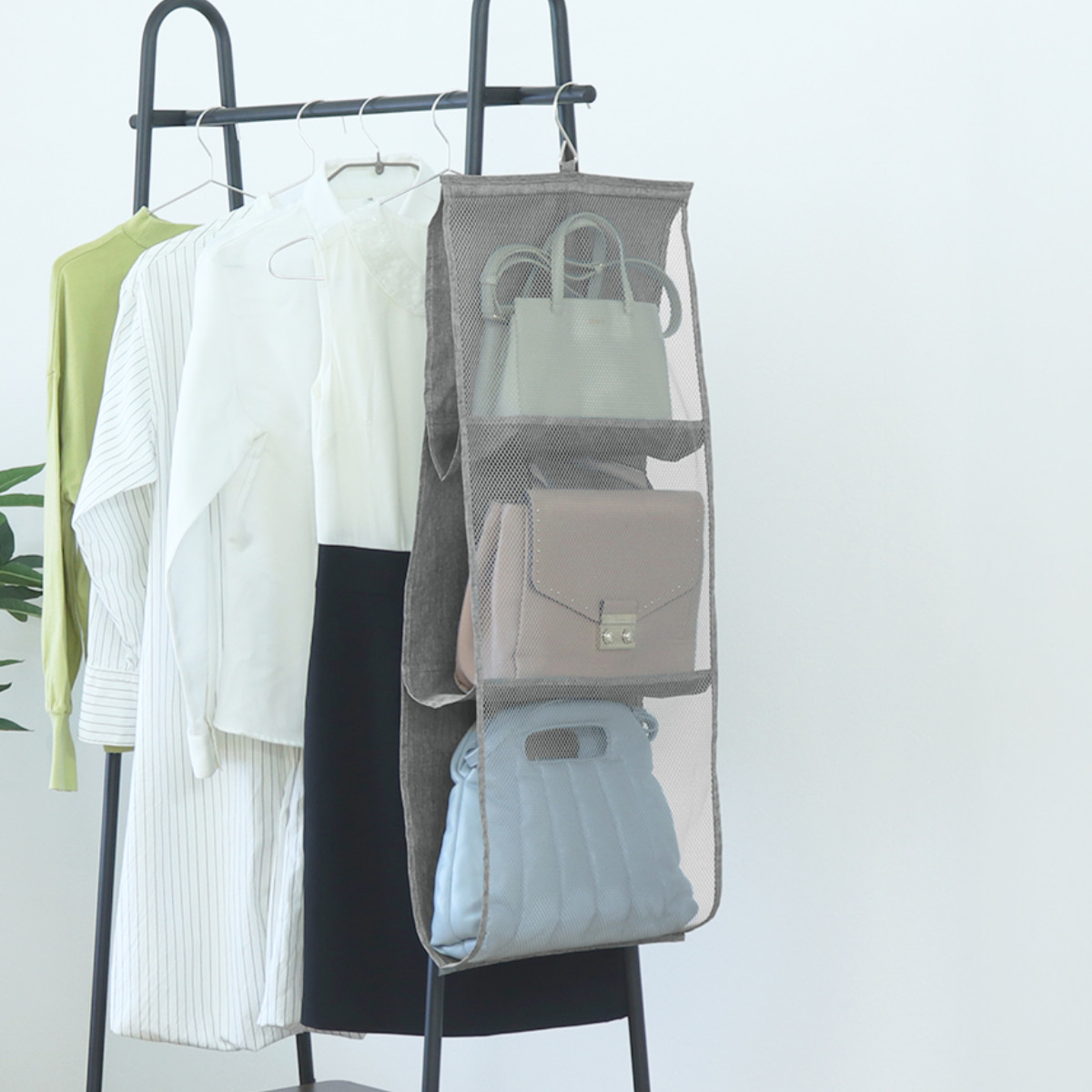 吊り下げ収納 バッグポケット 幅35×高さ87cm ( 収納 クローゼット 吊り下げ バッグ 型崩れ防止 収納ラック カバン 吊るす フック ハンガーラック かばん 鞄 省スペース 隙間収納 整理整頓 クローゼット収納 )