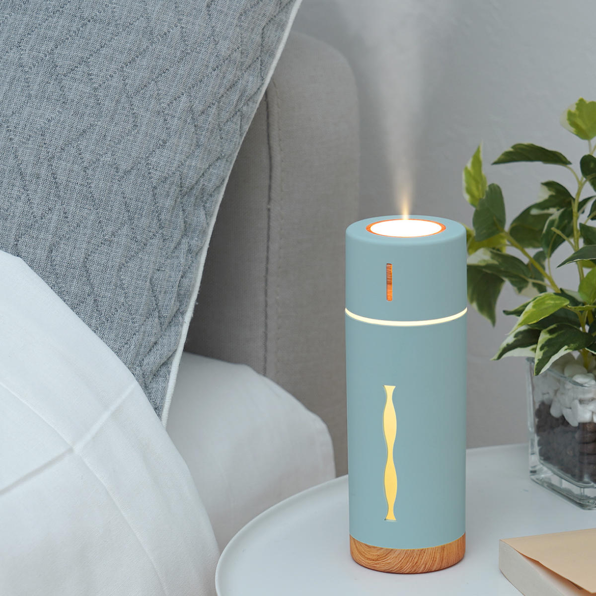 加湿器 MINI HUMIDIFIER ルビン ( 超音波 コンパクト 卓上 LEDライト USB おしゃれ 木目 小型 デスク ドリンクホルダー 車 デスクワーク エッセンシャルオイル アロマウォーター ギフト プレゼント ) 【ホワイト】 ホワイト