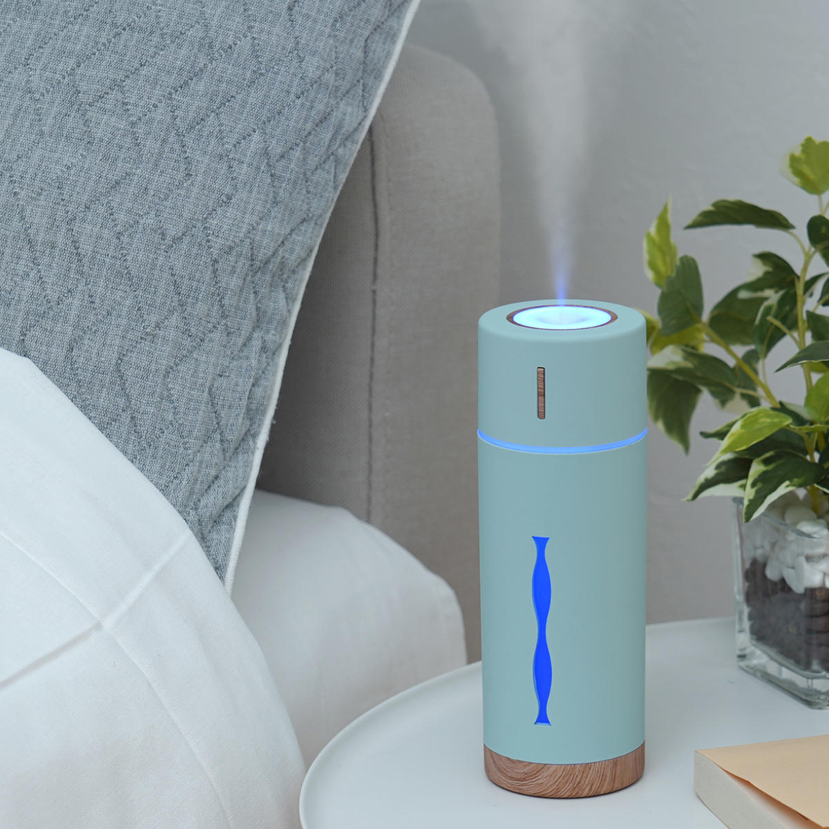 加湿器 MINI HUMIDIFIER ルビン ( 超音波 コンパクト 卓上 LEDライト USB おしゃれ 木目 小型 デスク ドリンクホルダー 車 デスクワーク エッセンシャルオイル アロマウォーター ギフト プレゼント ) 【ホワイト】 ホワイト