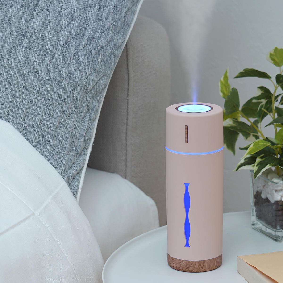 加湿器 MINI HUMIDIFIER ルビン ( 超音波 コンパクト 卓上 LEDライト USB おしゃれ 木目 小型 デスク ドリンクホルダー 車 デスクワーク エッセンシャルオイル アロマウォーター ギフト プレゼント ) 【ホワイト】 ホワイト