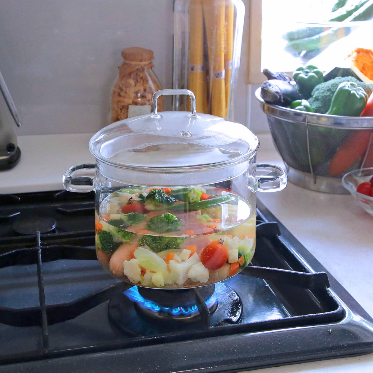 耐熱ガラス両手鍋1.9L ( 両手鍋 ガス火 直火 ガラス製 電子レンジ対応 オーブン対応 ガラス鍋 耐熱ガラス 鍋 なべ 両手なべ ガス火対応 直火対応 電子レンジ調理器 レンジ用鍋 蓋付き おしゃれ )