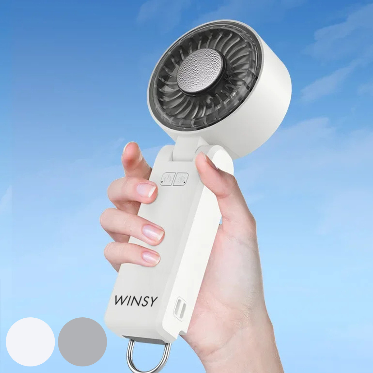 扇風機 ウィンジー USB充電式 ペルチェ （ ハンディファン フック付き 風量5段階 ポータブルファン 卓上 涼しい 風 暑さ対策 ポータブル扇風機 携帯用扇風機 卓上扇風機 ミニ扇風機 usb充電 自立 オフィス 屋外 外 スリム ） 【ホワイト】