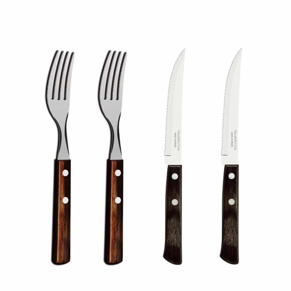 ステーキナイフ&フォーク 4点セット ポリウッド ステンレス トラモンティーナ ( TRAMONTINA 食洗機対応 ナイフ フォーク セット カトラリー ペア 波刃 ステーキ 肉 メイン料理 ディナー 丈夫 耐衝撃 使いやすい ウッド 木 おしゃれ )