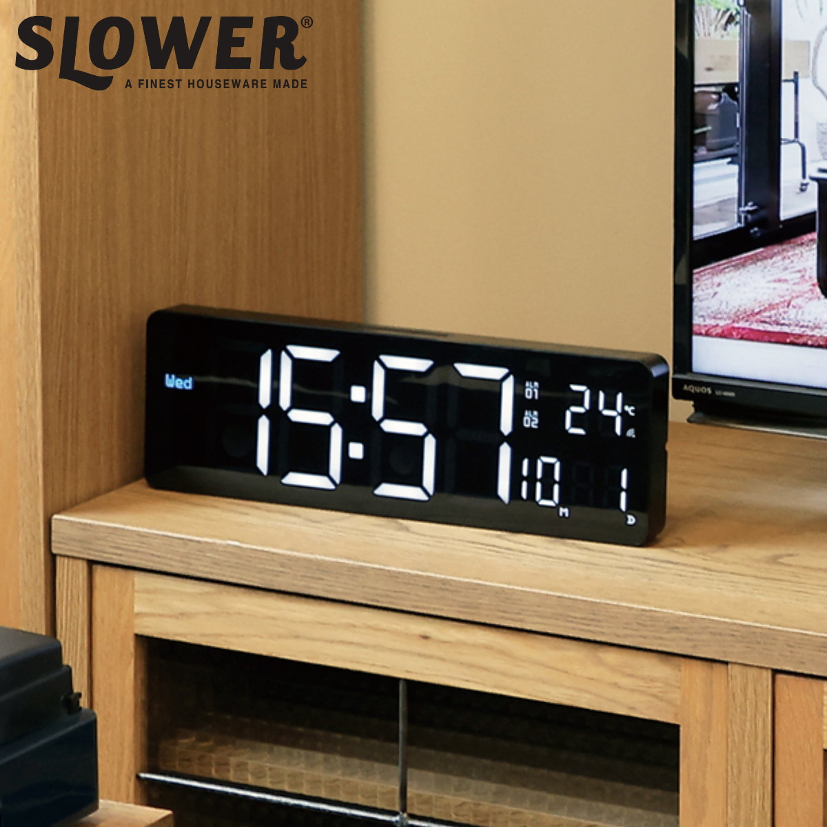 置き時計 LED Wi-Fi カレンダー機能付き 置き掛け兼用 SLOWER カミーノ （ 温度計 カレンダー USB LED時計 置き 掛け アラーム 輝度調節 自動調整 卓上時計 時計 とけい クロック 日付 曜日 温度 コンパクト おしゃれ ）