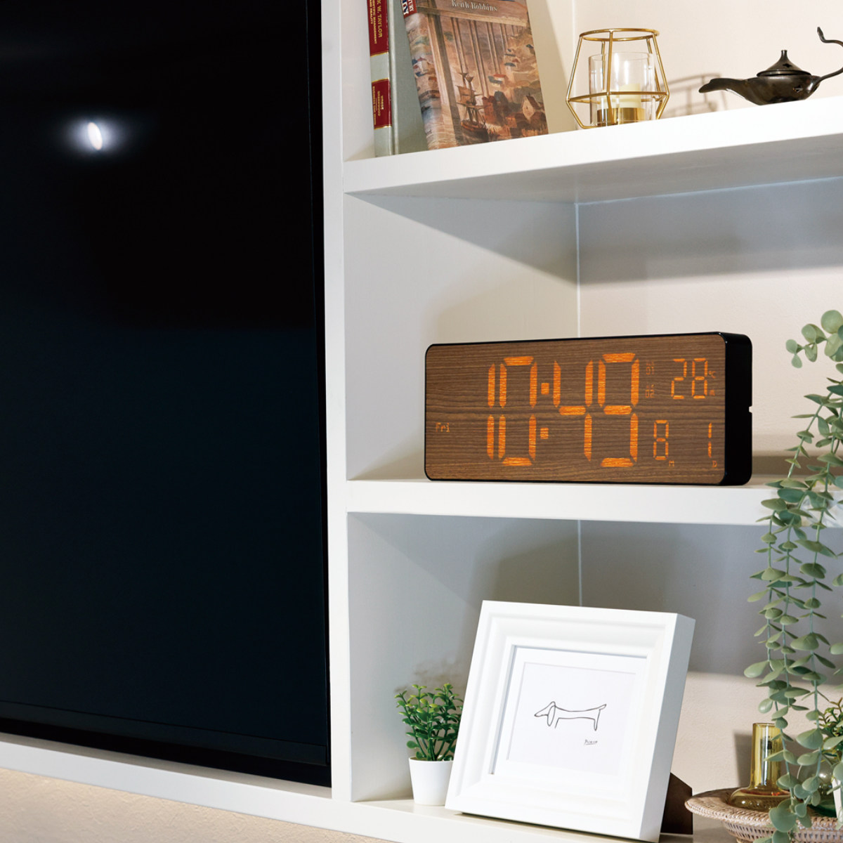 置き時計 LED Wi-Fi カレンダー機能付き 置き掛け兼用 SLOWER カミーノ 木目 ( 温度計 カレンダー USB LED時計 置き 掛け アラーム 輝度調節 自動調整 卓上時計 時計 とけい クロック 日付 曜日 温度 コンパクト おしゃれ ) 【ダークウッド】 ダークウッド