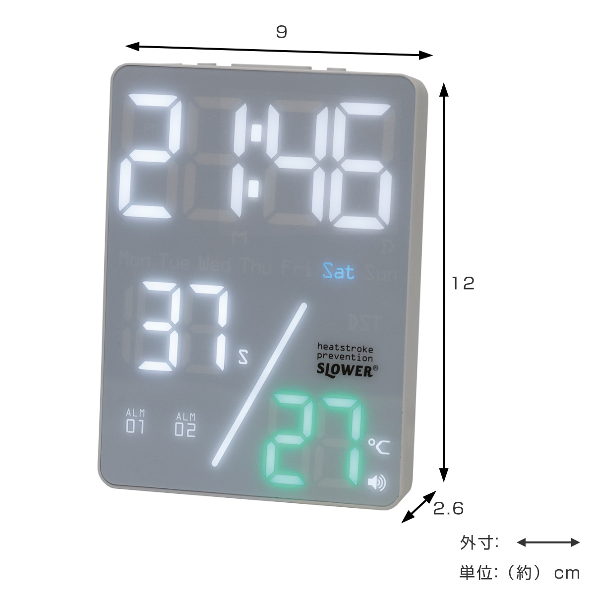 置き時計 LED デジタル時計 カレンダー機能付き 熱中症アラート機能付き 置き掛け兼用 SLOWER アズール ( 温度計 カレンダー USB LED時計 置き 掛け 輝度調節 卓上時計 日付 曜日 温度 コンパクト おしゃれ スヌーズ アラーム ) 【ブラック】 ブラック