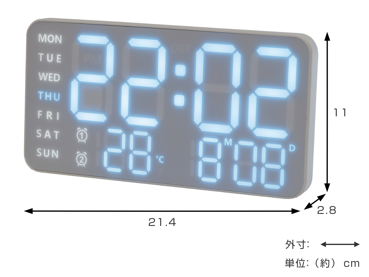 置き時計 LED デジタル時計 温度計付き 置き掛け兼用 SLOWER シエロ ( 温度計 カレンダー USB LED時計 置き 掛け アラーム スヌーズ カウントダウン 輝度調整 曜日表示 おしゃれ ) 【ホワイト×ホワイト】 ホワイト×ホワイト