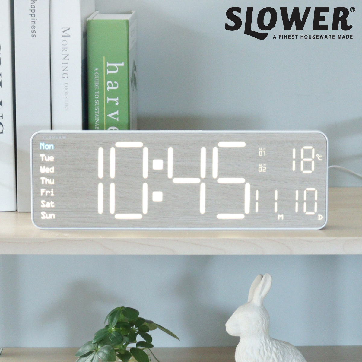 置き時計 LED デジタル時計 リモコン付き 置き掛け兼用 SLOWER リコ ウッド （ 温度計 カレンダー USB LED時計 置き 掛け 輝度調節 卓上時計 日付 曜日 温度 コンパクト おしゃれ スヌーズ アラーム 木目調 大画面 ）