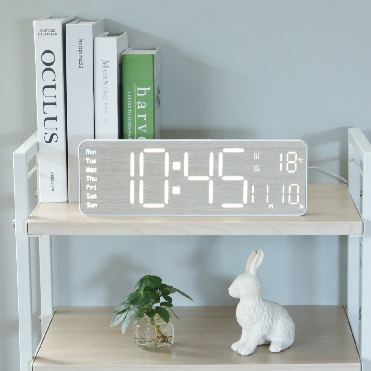 置き時計 LED デジタル時計 リモコン付き 置き掛け兼用 SLOWER リコ ウッド ( 温度計 カレンダー USB LED時計 置き 掛け 輝度調節 卓上時計 日付 曜日 温度 コンパクト おしゃれ スヌーズ アラーム 木目調 大画面 )