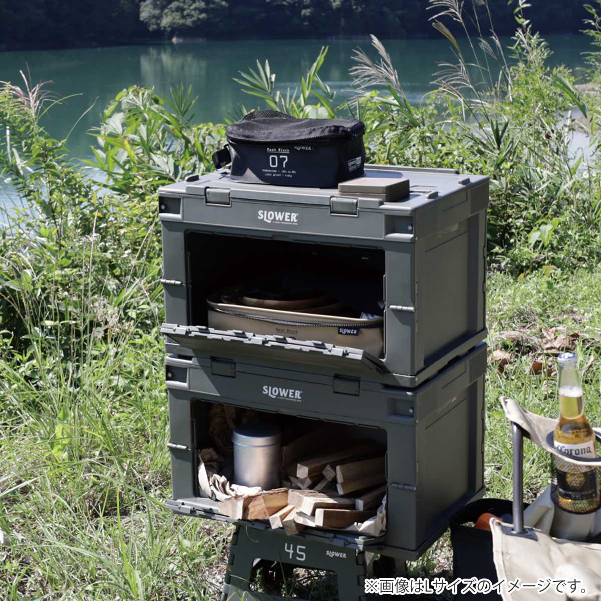 収納ボックス 幅53×奥行36×高さ33.5cm SLOWER 折りたたみコンテナ 50L Lサイズ ガンボン ( 収納 収納ケース ボックス 折りたたみ フタ付き 積み重ね フォールディング コンテナ スタッキング プラスチック ) 【オリーブ】 オリーブ