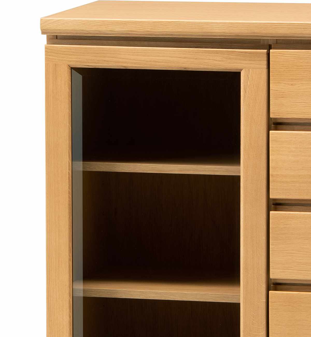 サイドボード 片開き ガラス扉 引出し5段 天然木 FIGARO 幅77cm ( 開梱設置 収納棚 窓下 キッチン キッチンカウンター 木製 日本製 完成品 収納 キッチン収納 引出し収納 リビング収納 オーク 国産 おしゃれ ) 【ナチュラル】 ナチュラル