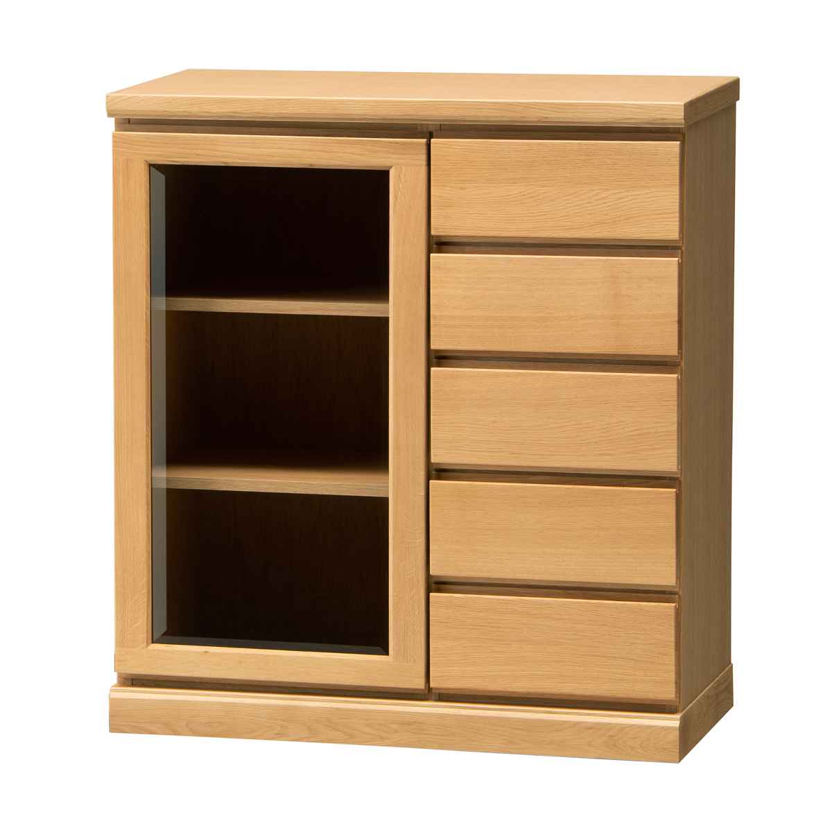 サイドボード 片開き ガラス扉 引出し5段 天然木 FIGARO 幅77cm ( 開梱設置 収納棚 窓下 キッチン キッチンカウンター 木製 日本製 完成品 収納 キッチン収納 引出し収納 リビング収納 オーク 国産 おしゃれ ) 【ナチュラル】 ナチュラル