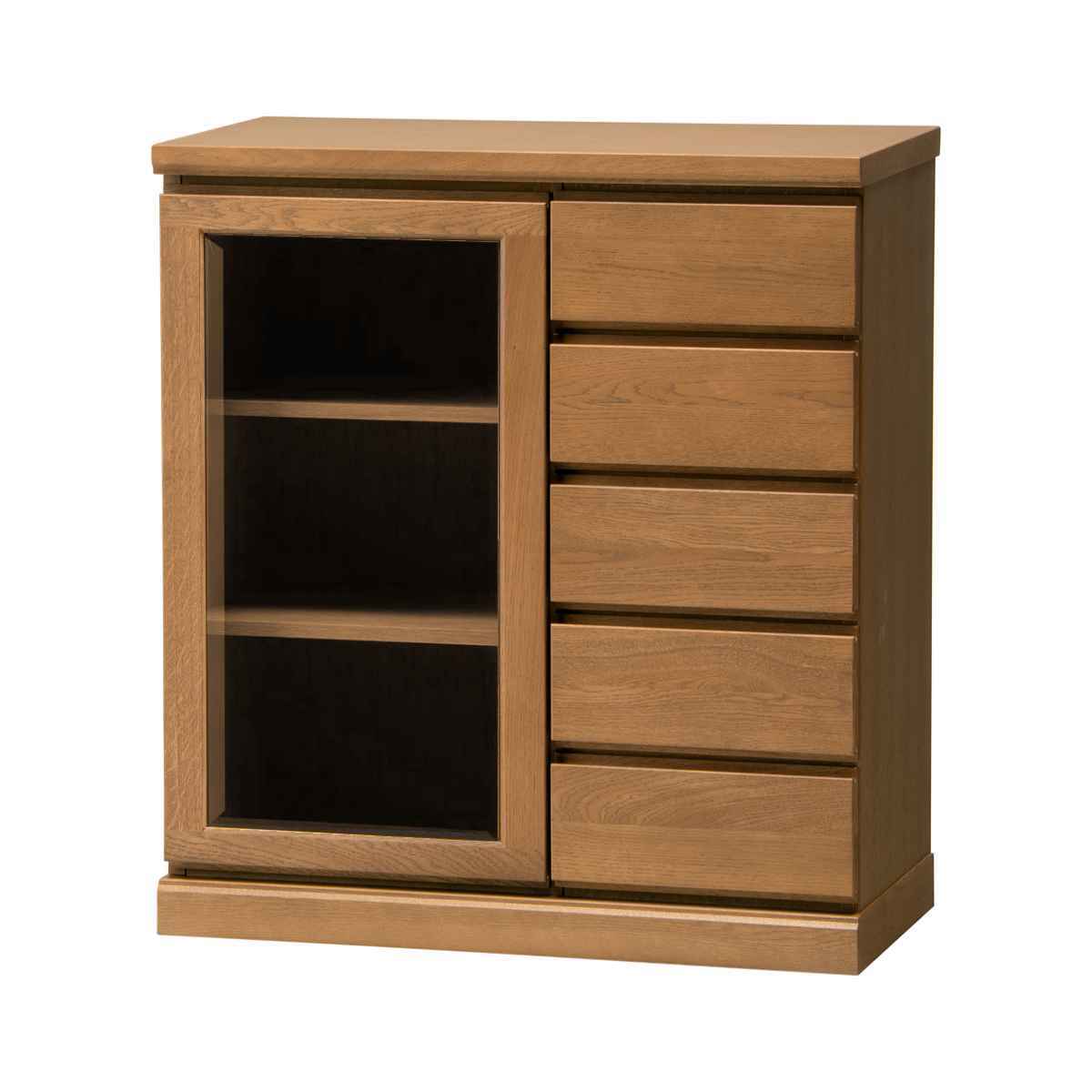 サイドボード 片開き ガラス扉 引出し5段 天然木 FIGARO 幅77cm ( 開梱設置 収納棚 窓下 キッチン キッチンカウンター 木製 日本製 完成品 収納 キッチン収納 引出し収納 リビング収納 オーク 国産 おしゃれ ) 【ナチュラル】 ナチュラル