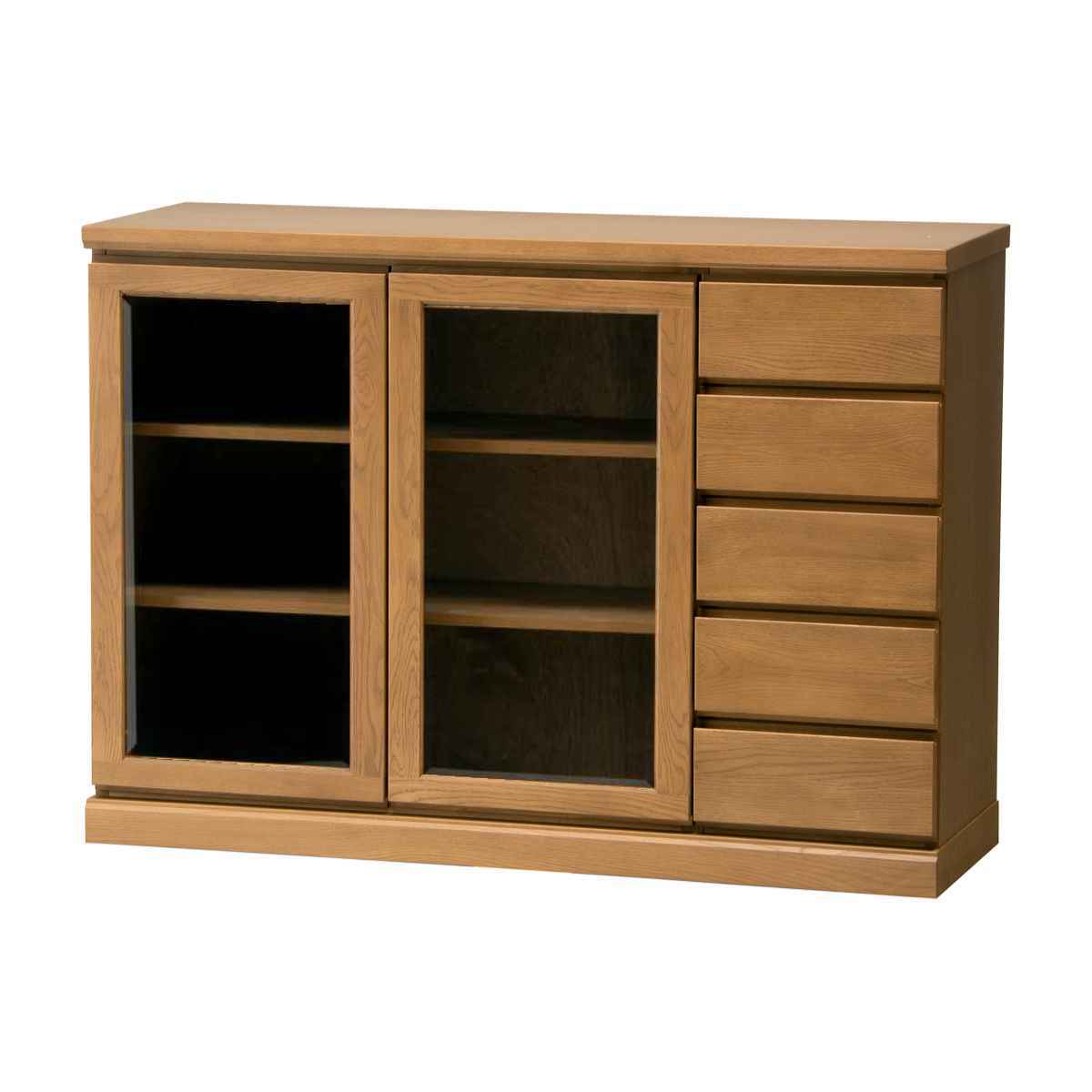 サイドボード 両開き ガラス扉 引出し5段 天然木 FIGARO 幅120cm ( 開梱設置 収納棚 窓下 キッチン キッチンカウンター 木製 日本製 完成品 収納 キッチン収納 引出し収納 リビング収納 オーク 国産 おしゃれ ) 【ナチュラル】 ナチュラル