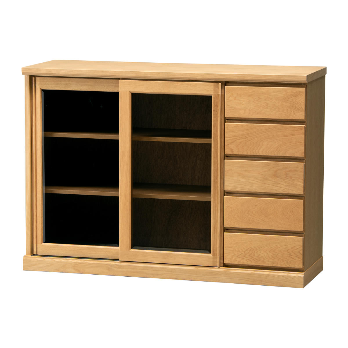 サイドボード スライドガラス扉 引出し5段 天然木 FIGARO 幅120cm ( 開梱設置 収納棚 窓下 キッチン キッチンカウンター ガラス戸 木製 日本製 完成品 収納 キッチン収納 引出し収納 リビング収納 オーク 国産 おしゃれ ) 【ナチュラル】 ナチュラル