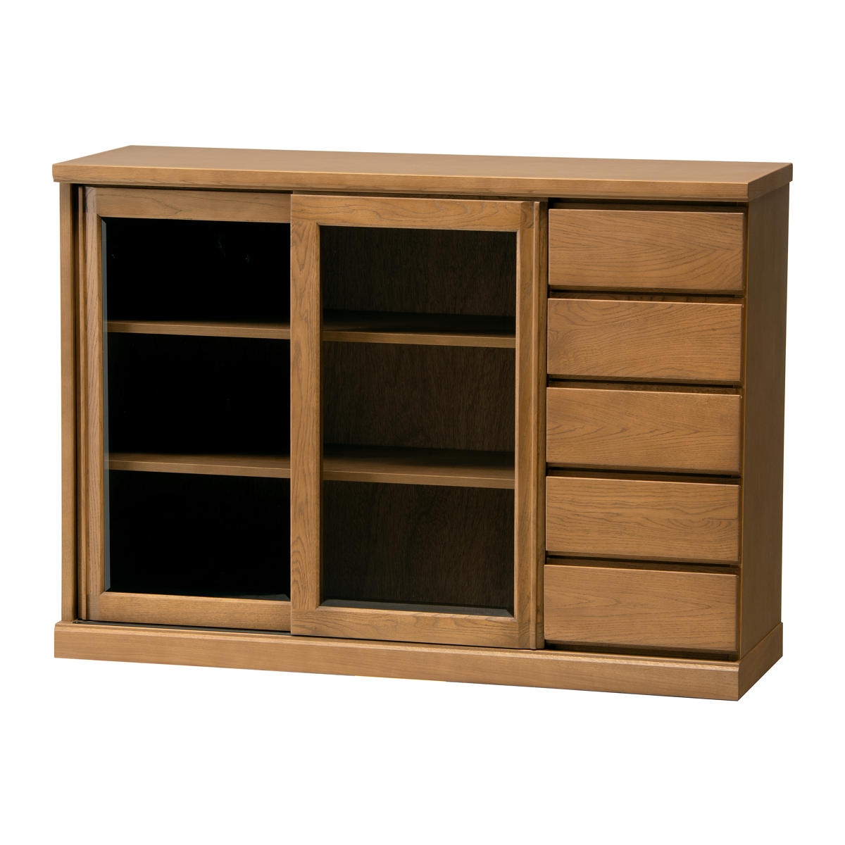 サイドボード スライドガラス扉 引出し5段 天然木 FIGARO 幅120cm ( 開梱設置 収納棚 窓下 キッチン キッチンカウンター ガラス戸 木製 日本製 完成品 収納 キッチン収納 引出し収納 リビング収納 オーク 国産 おしゃれ ) 【ナチュラル】 ナチュラル