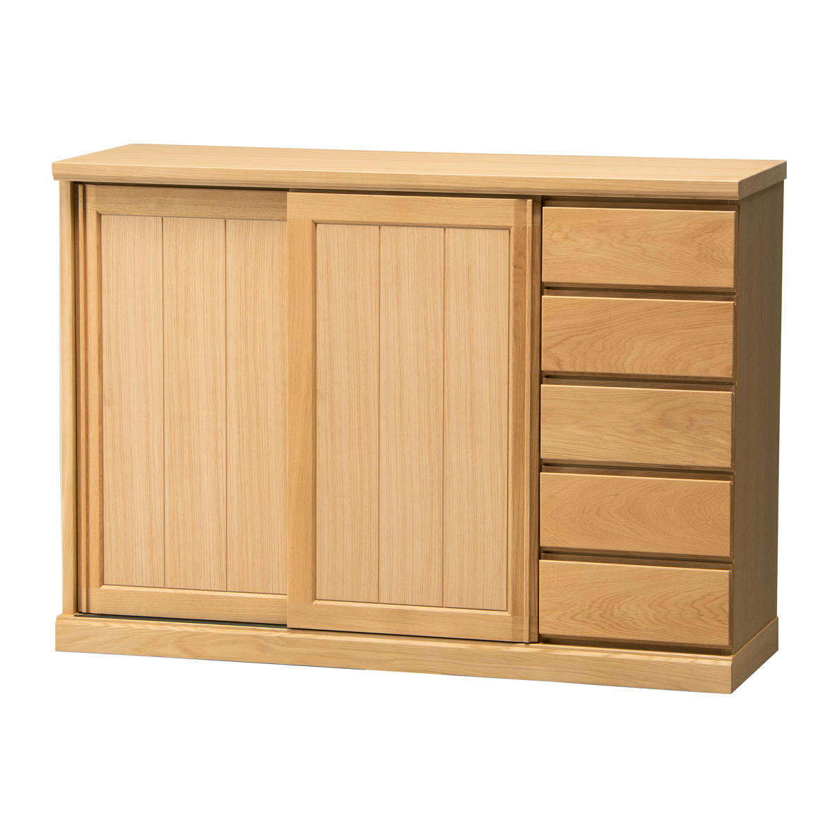 サイドボード スライド板扉 引出し5段 天然木 FIGARO 幅120cm ( 開梱設置 収納棚 窓下 キッチン キッチンカウンター 板戸 木製 日本製 完成品 収納 キッチン収納 引出し収納 リビング収納 オーク 国産 おしゃれ ) 【ブラウン】 ブラウン