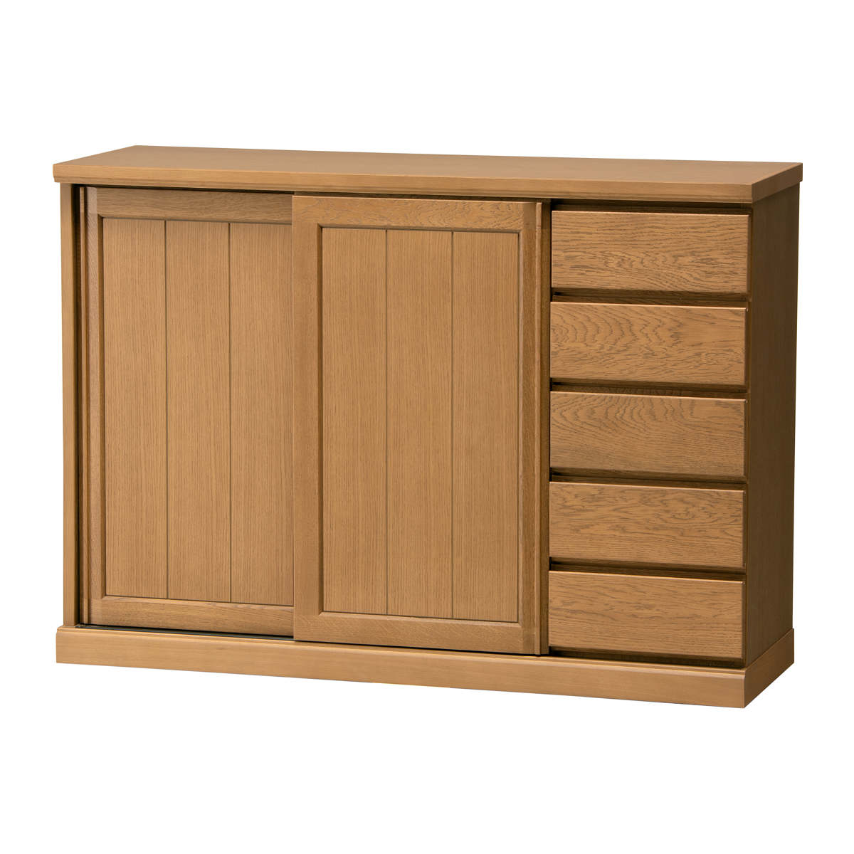 サイドボード スライド板扉 引出し5段 天然木 FIGARO 幅120cm ( 開梱設置 収納棚 窓下 キッチン キッチンカウンター 板戸 木製 日本製 完成品 収納 キッチン収納 引出し収納 リビング収納 オーク 国産 おしゃれ ) 【ブラウン】 ブラウン