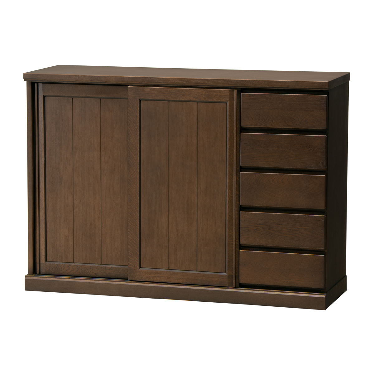 サイドボード スライド板扉 引出し5段 天然木 FIGARO 幅120cm ( 開梱設置 収納棚 窓下 キッチン キッチンカウンター 板戸 木製 日本製 完成品 収納 キッチン収納 引出し収納 リビング収納 オーク 国産 おしゃれ ) 【ブラウン】 ブラウン