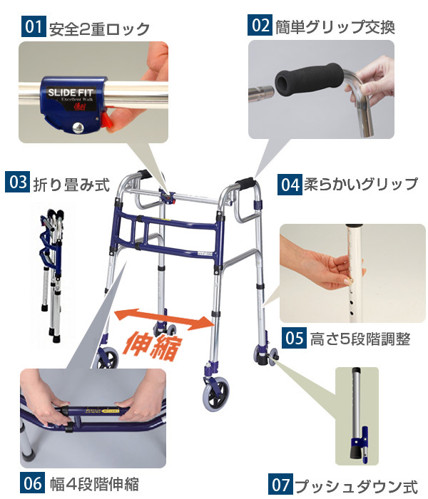★SLIDE FIT 歩行器 Hー0195C アルミ製 4輪 コンパクト折畳式 SLIDE FIT 歩行器 Hー0195C アルミ製 4輪 コンパクト折り畳み式