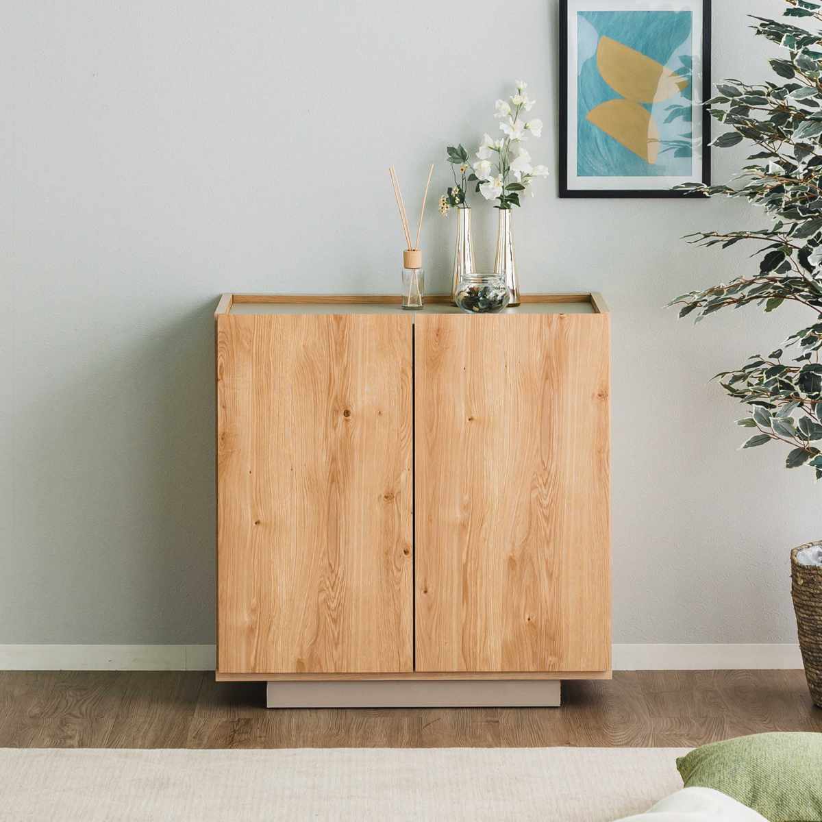 キャビネット 幅80cm 北欧モダン 可動棚 日本製 完成品 ( 棚 ラック 収納 本棚 ディスプレイ グレージュ リビングボード 食器棚 飾り棚 シェルフ 扉収納 配線穴 )