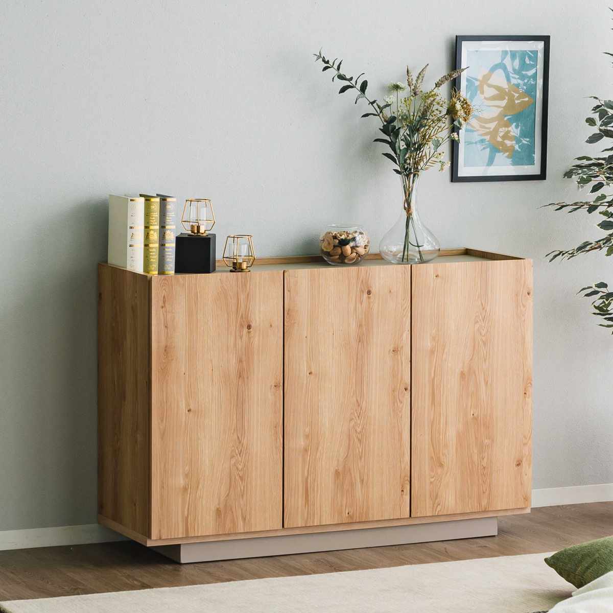 キャビネット 幅120cm 北欧モダン 可動棚 日本製 完成品 ( 棚 ラック 収納 本棚 ディスプレイ グレージュ リビングボード 食器棚 飾り棚 シェルフ 扉収納 配線穴 )