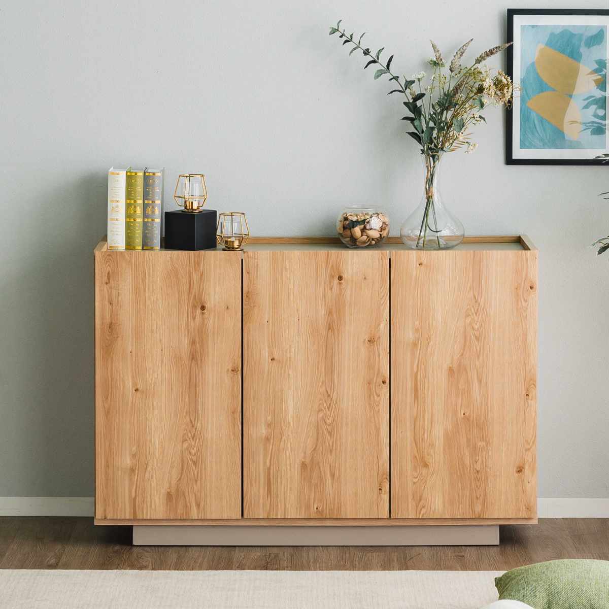 キャビネット 幅120cm 北欧モダン 可動棚 日本製 完成品 ( 棚 ラック 収納 本棚 ディスプレイ グレージュ リビングボード 食器棚 飾り棚 シェルフ 扉収納 配線穴 )