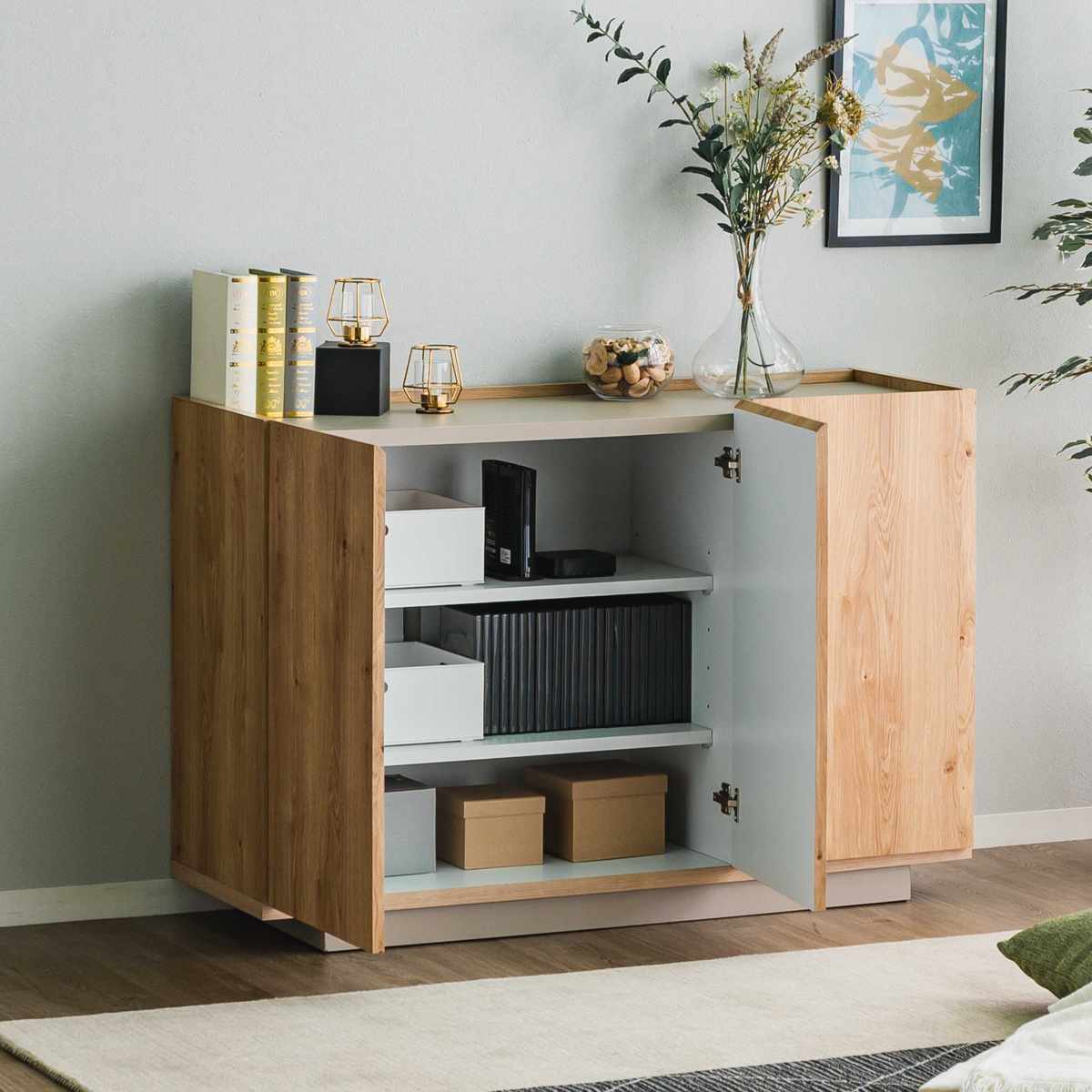 キャビネット 幅120cm 北欧モダン 可動棚 日本製 完成品 ( 棚 ラック 収納 本棚 ディスプレイ グレージュ リビングボード 食器棚 飾り棚 シェルフ 扉収納 配線穴 )