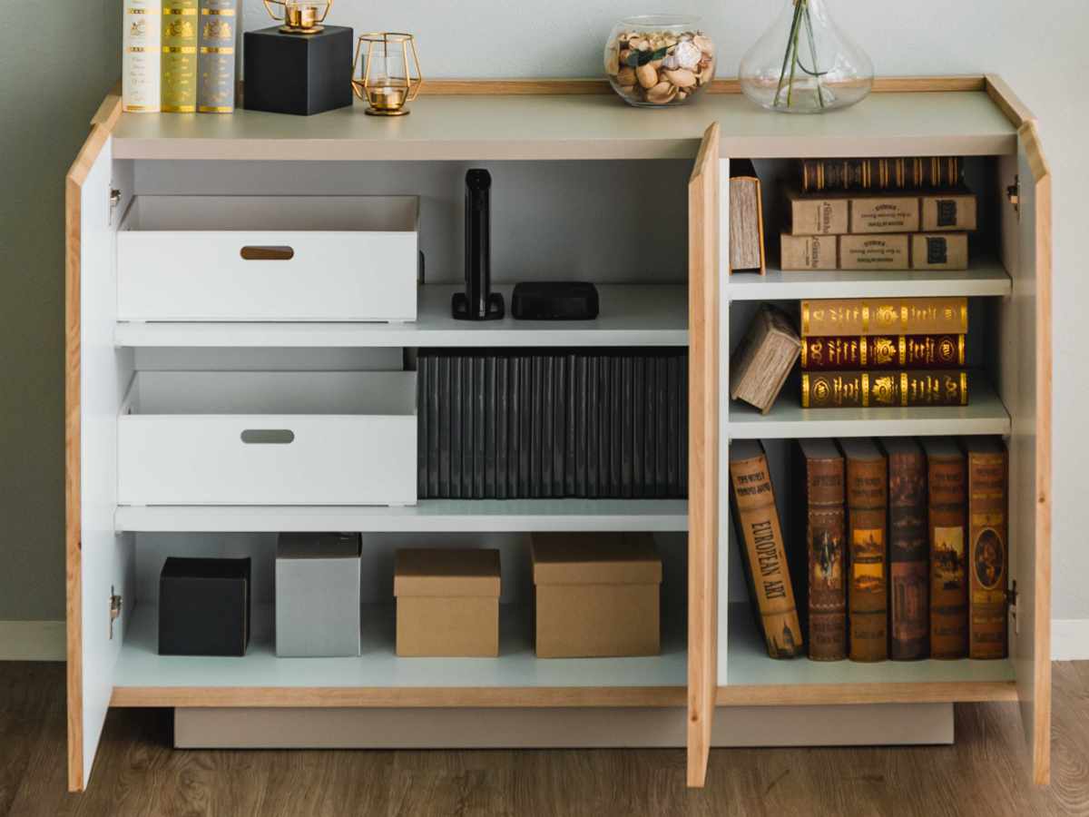 キャビネット 幅120cm 北欧モダン 可動棚 日本製 完成品 ( 棚 ラック 収納 本棚 ディスプレイ グレージュ リビングボード 食器棚 飾り棚 シェルフ 扉収納 配線穴 )