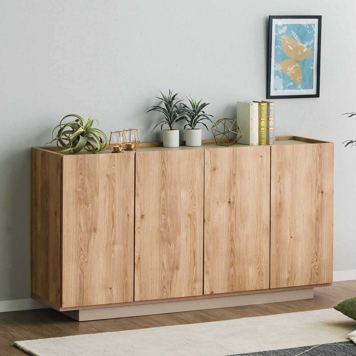 キャビネット 幅150cm 北欧モダン 可動棚 日本製 完成品 ( 棚 ラック 収納 本棚 ディスプレイ グレージュ リビングボード 食器棚 飾り棚 シェルフ 扉収納 配線穴 )