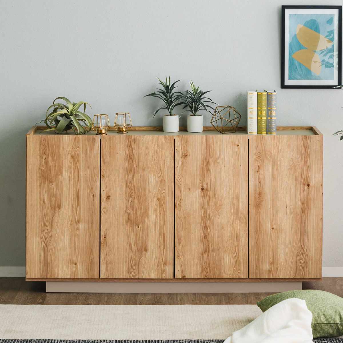 キャビネット 幅150cm 北欧モダン 可動棚 日本製 完成品 ( 棚 ラック 収納 本棚 ディスプレイ グレージュ リビングボード 食器棚 飾り棚 シェルフ 扉収納 配線穴 )