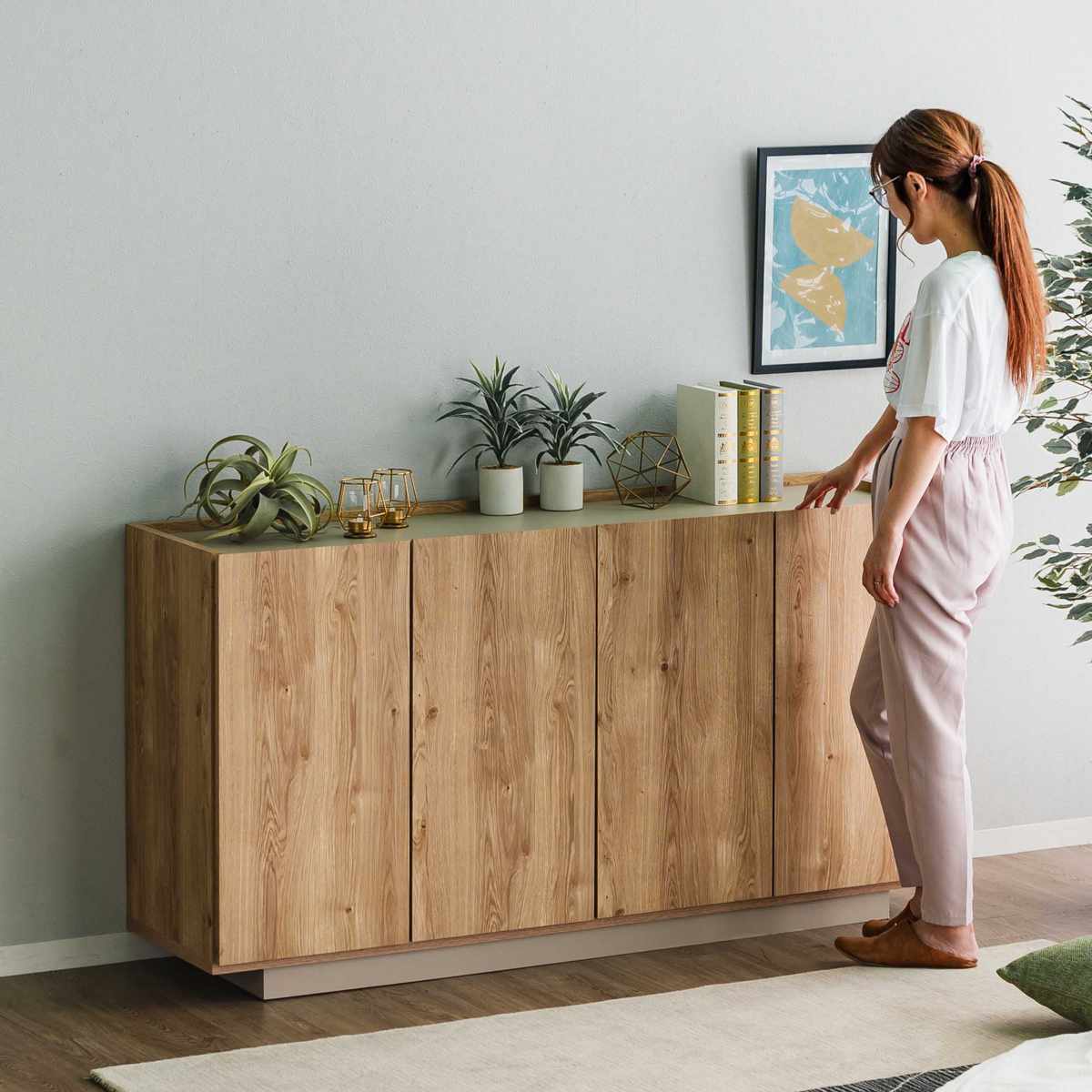 キャビネット 幅150cm 北欧モダン 可動棚 日本製 完成品 ( 棚 ラック 収納 本棚 ディスプレイ グレージュ リビングボード 食器棚 飾り棚 シェルフ 扉収納 配線穴 )