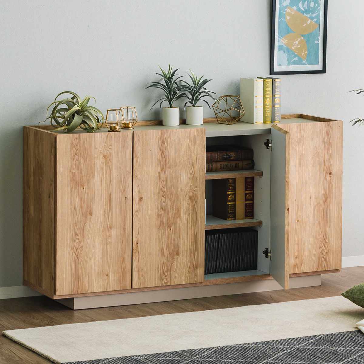 キャビネット 幅150cm 北欧モダン 可動棚 日本製 完成品 ( 棚 ラック 収納 本棚 ディスプレイ グレージュ リビングボード 食器棚 飾り棚 シェルフ 扉収納 配線穴 )