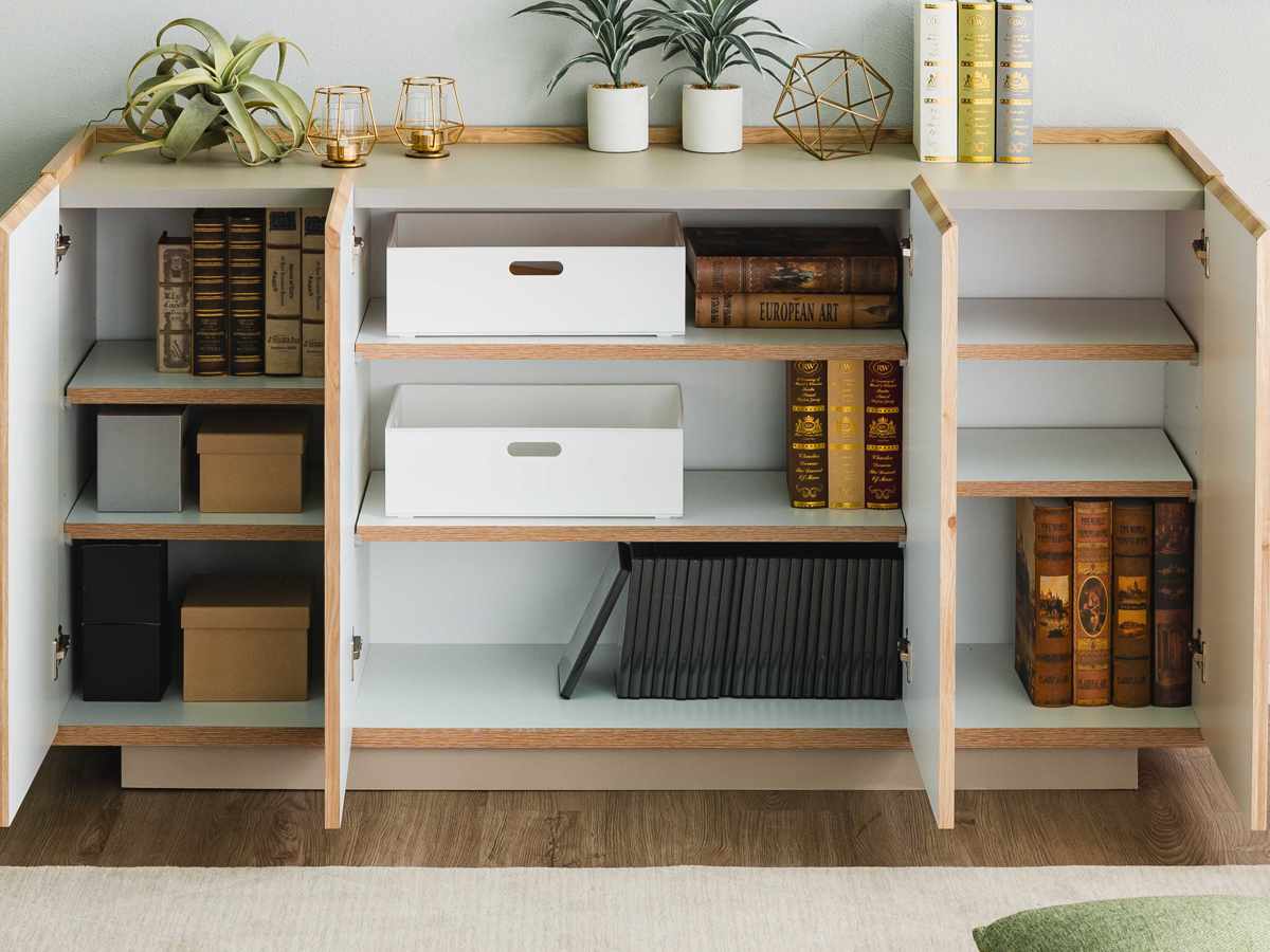 キャビネット 幅150cm 北欧モダン 可動棚 日本製 完成品 ( 棚 ラック 収納 本棚 ディスプレイ グレージュ リビングボード 食器棚 飾り棚 シェルフ 扉収納 配線穴 )