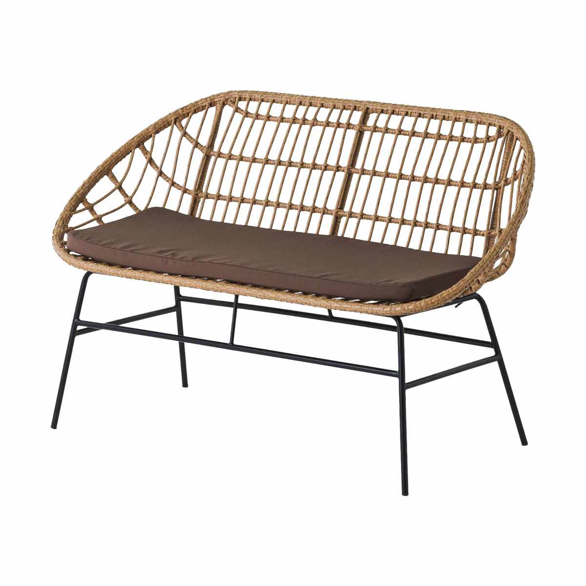 ベンチソファ 2人掛け ラタン調 マーレ ( ベンチ 2人掛けソファ チェア 椅子 クッション付き ソファ 籐 人工ラタン 軽量 チェアー イス いす 食卓椅子 スチール脚 おしゃれ ナチュラル インテリア 室内 幅90cm )