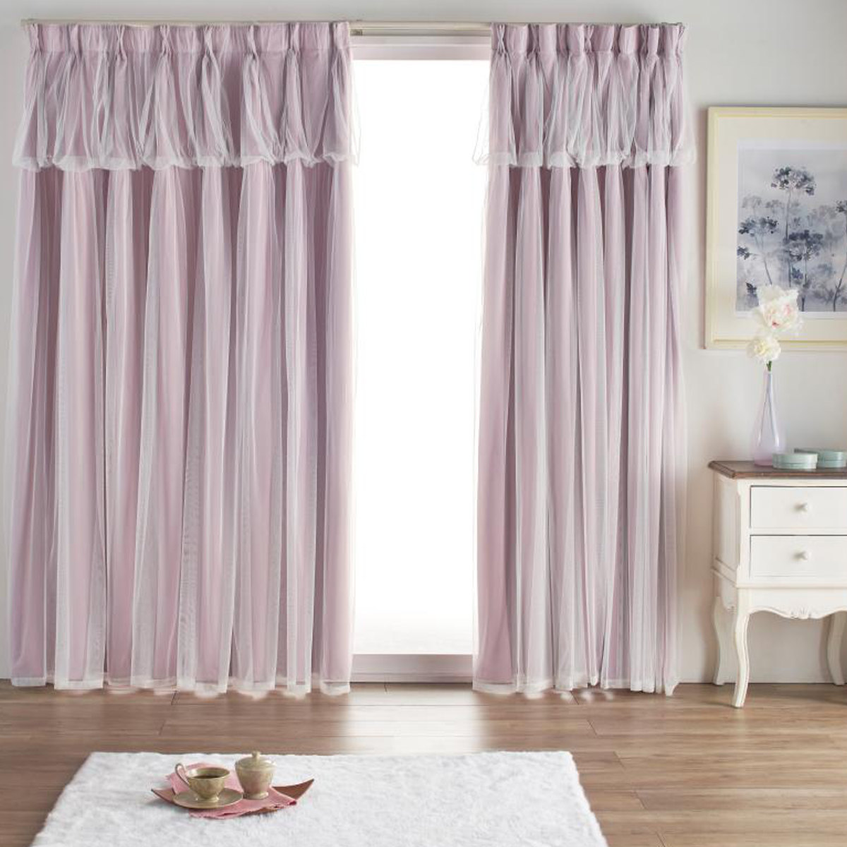 カーテン 遮光 2級 2枚組 幅100cm×丈200cm レイヤードカーテン くすみカラー 姫系 ( ドレープ 既製品 洗えるカーテン 2枚 レース ウォッシャブル インテリア レイヤード 2倍ヒダ 洗濯できる 洗える 既成 2級遮光 掃き出し窓 ) 【ライトグレー】 ライトグレー