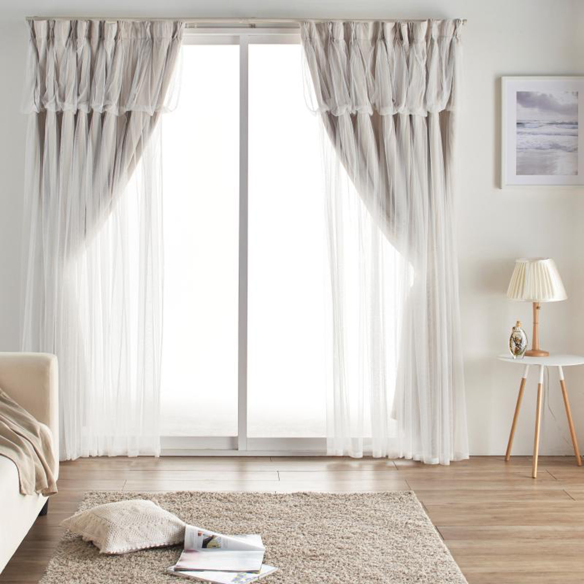 カーテン 遮光 2級 2枚組 幅100cm×丈210cm レイヤードカーテン くすみカラー 姫系 ( ドレープ 既製品 洗えるカーテン 2枚 レース ウォッシャブル インテリア レイヤード 2倍ヒダ 洗濯できる 洗える 既成 2級遮光 掃き出し窓 ) 【ベージュ】 ベージュ