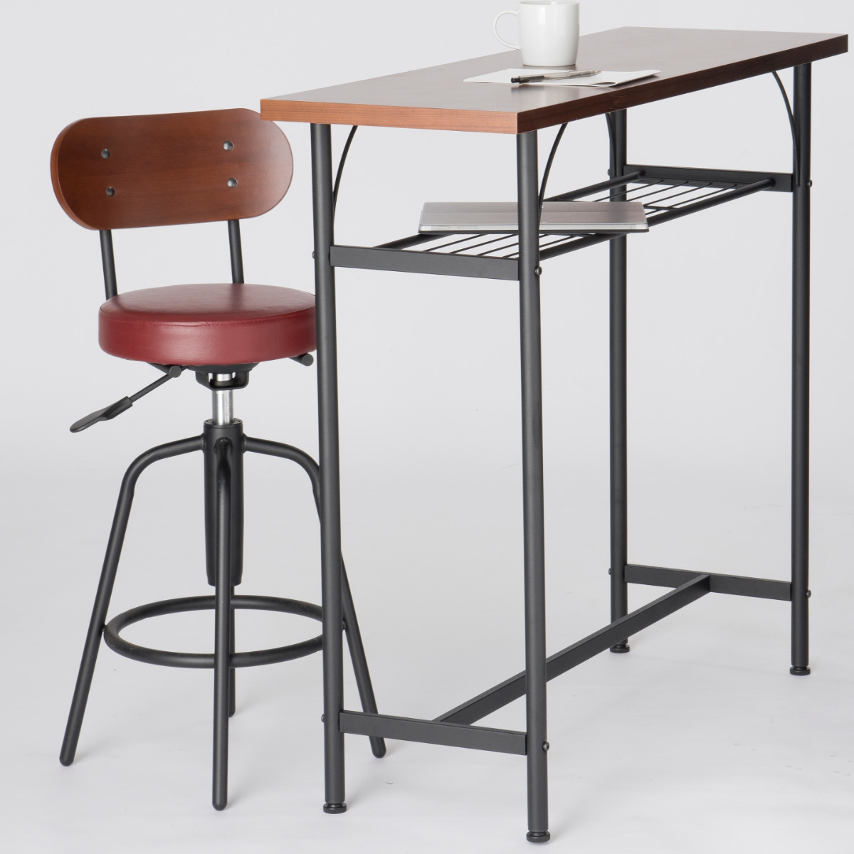 カウンターテーブルセット 2点セット 1人掛け 幅100cmテーブル×1 カウンターチェア×1 ( バーチェア セット テーブル 奥行 35cm スリム 椅子 回転 高さ調節 チェア 机 棚付き 小物置き 背もたれ付き 丈夫 簡単組立 木製 おしゃれ ) 【ブラック】 ブラック