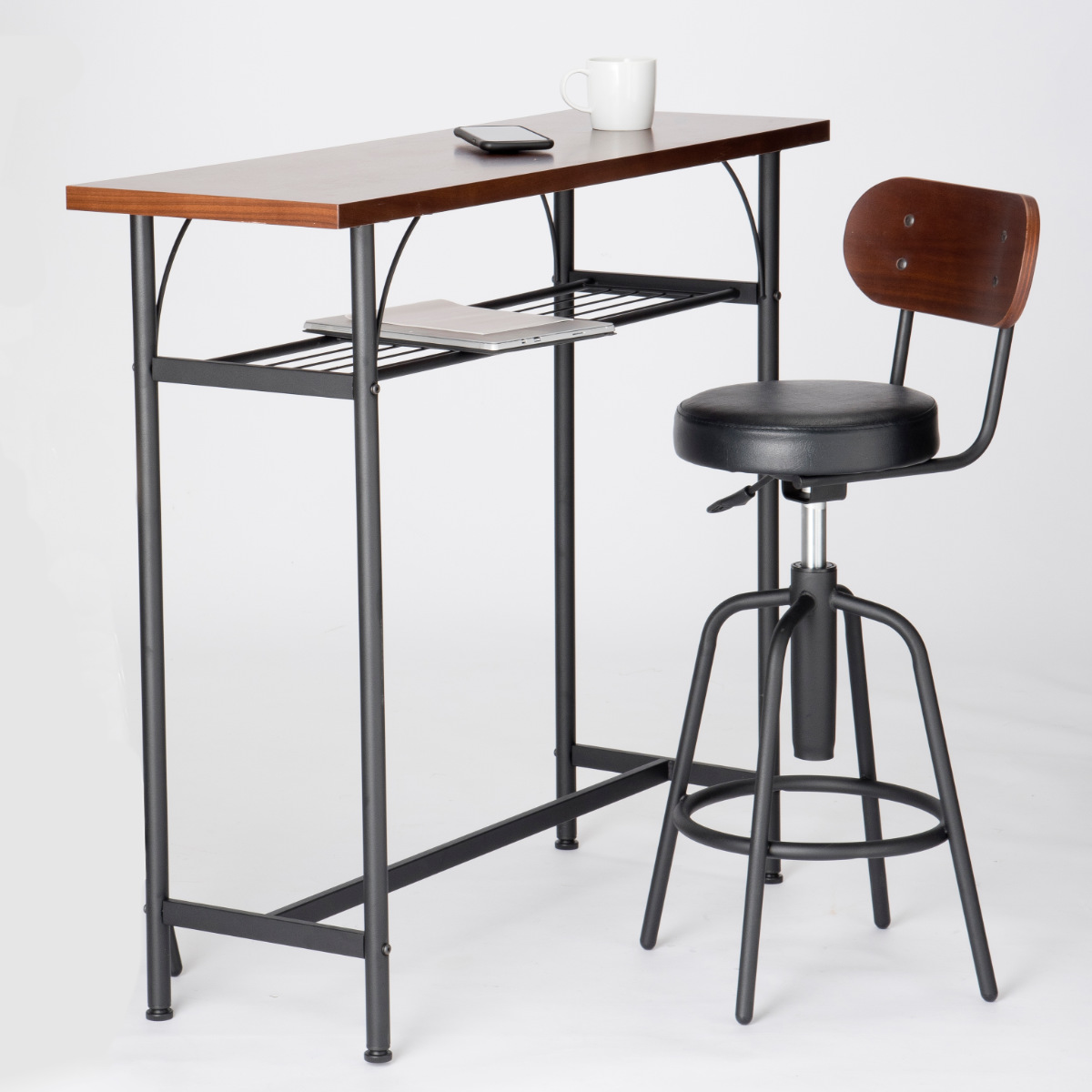 カウンターテーブルセット 2点セット 1人掛け 幅100cmテーブル×1 カウンターチェア×1 ( バーチェア セット テーブル 奥行 35cm スリム 椅子 回転 高さ調節 チェア 机 棚付き 小物置き 背もたれ付き 丈夫 簡単組立 木製 おしゃれ ) 【ブラック】 ブラック