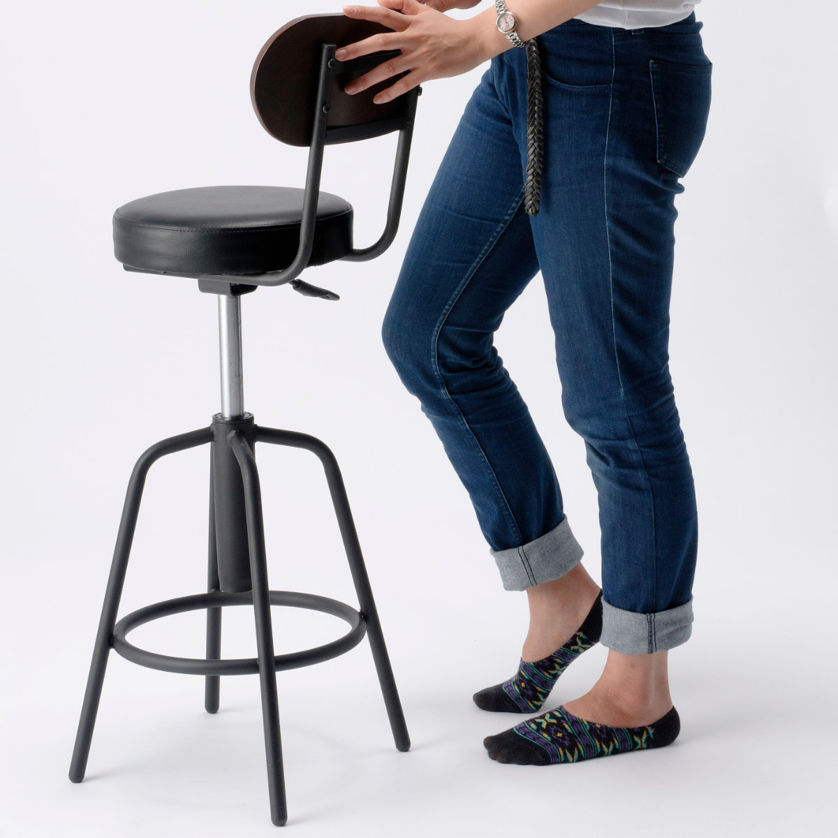 カウンターテーブルセット 2点セット 1人掛け 幅100cmテーブル×1 カウンターチェア×1 ( バーチェア セット テーブル 奥行 35cm スリム 椅子 回転 高さ調節 チェア 机 棚付き 小物置き 背もたれ付き 丈夫 簡単組立 木製 おしゃれ ) 【ブラック】 ブラック