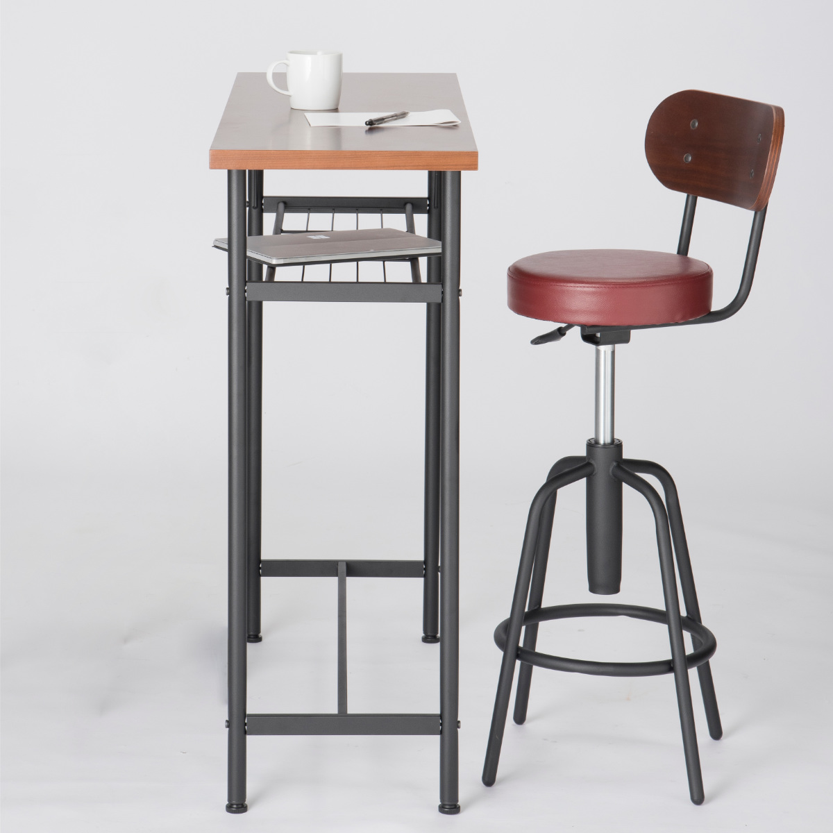 カウンターテーブルセット 2点セット 1人掛け 幅100cmテーブル×1 カウンターチェア×1 ( バーチェア セット テーブル 奥行 35cm スリム 椅子 回転 高さ調節 チェア 机 棚付き 小物置き 背もたれ付き 丈夫 簡単組立 木製 おしゃれ ) 【ブラック】 ブラック