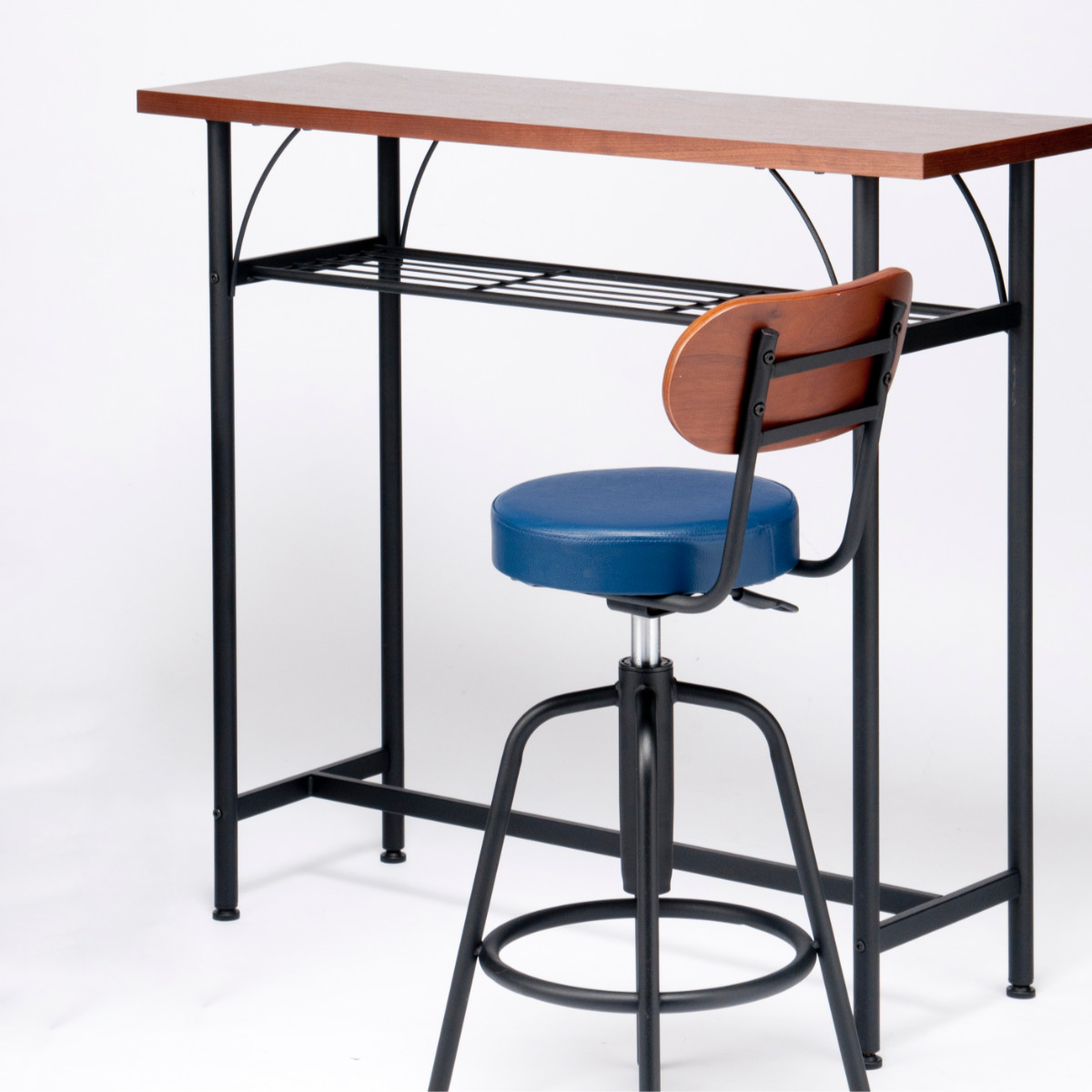 カウンターテーブルセット 2点セット 1人掛け 幅100cmテーブル×1 カウンターチェア×1 ( バーチェア セット テーブル 奥行 35cm スリム 椅子 回転 高さ調節 チェア 机 棚付き 小物置き 背もたれ付き 丈夫 簡単組立 木製 おしゃれ ) 【ブラック】 ブラック