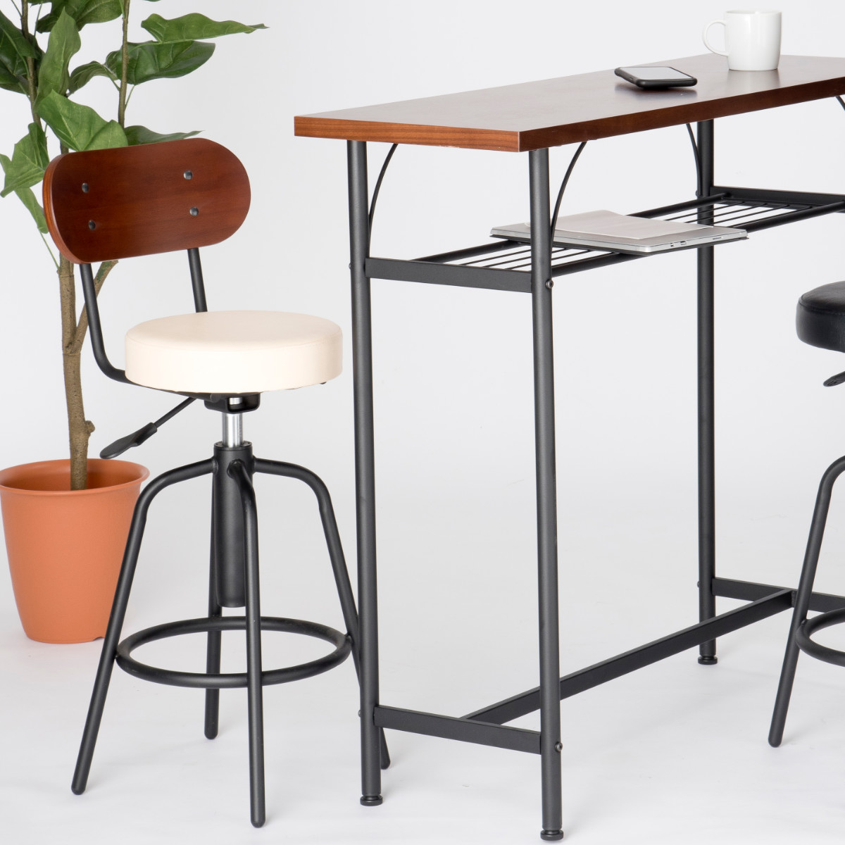 カウンターテーブルセット 2点セット 1人掛け 幅100cmテーブル×1 カウンターチェア×1 ( バーチェア セット テーブル 奥行 35cm スリム 椅子 回転 高さ調節 チェア 机 棚付き 小物置き 背もたれ付き 丈夫 簡単組立 木製 おしゃれ ) 【ブラック】 ブラック