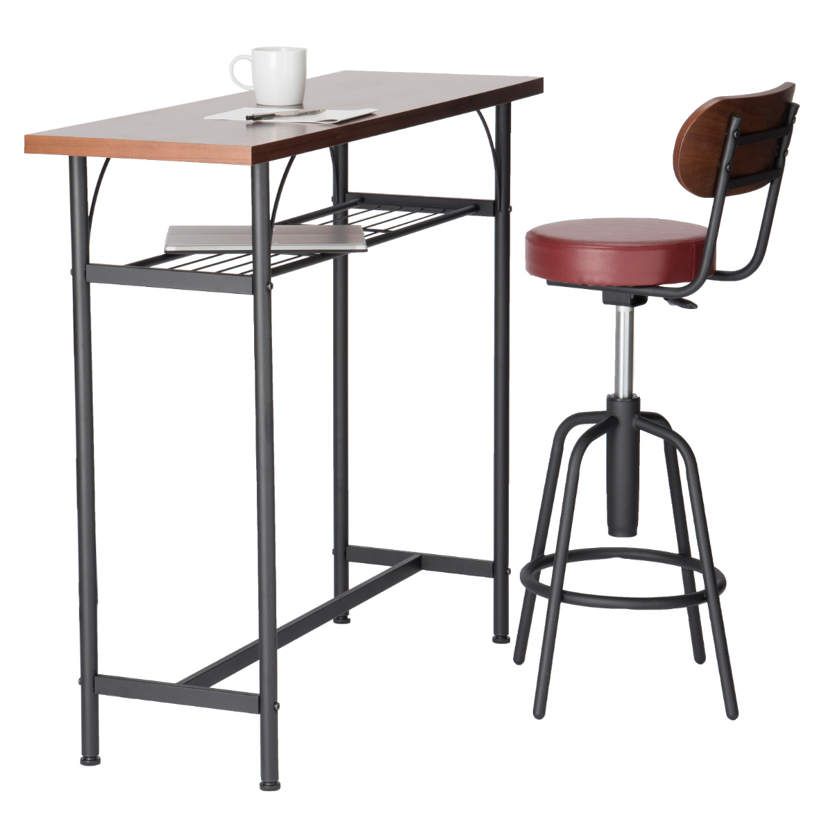 カウンターテーブルセット 2点セット 1人掛け 幅100cmテーブル×1 カウンターチェア×1 ( バーチェア セット テーブル 奥行 35cm スリム 椅子 回転 高さ調節 チェア 机 棚付き 小物置き 背もたれ付き 丈夫 簡単組立 木製 おしゃれ ) 【ブラック】 ブラック