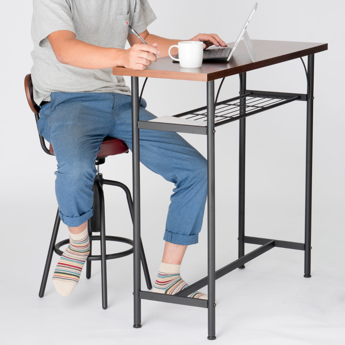 カウンターテーブルセット 2点セット 1人掛け 幅100cmテーブル×1 カウンターチェア×1 ( バーチェア セット テーブル 奥行 35cm スリム 椅子 回転 高さ調節 チェア 机 棚付き 小物置き 背もたれ付き 丈夫 簡単組立 木製 おしゃれ ) 【ブラック】 ブラック